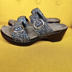 DANSKO Sophie Leather Double Buckle Blue Silver Dotted Platform Sandal Women's 8